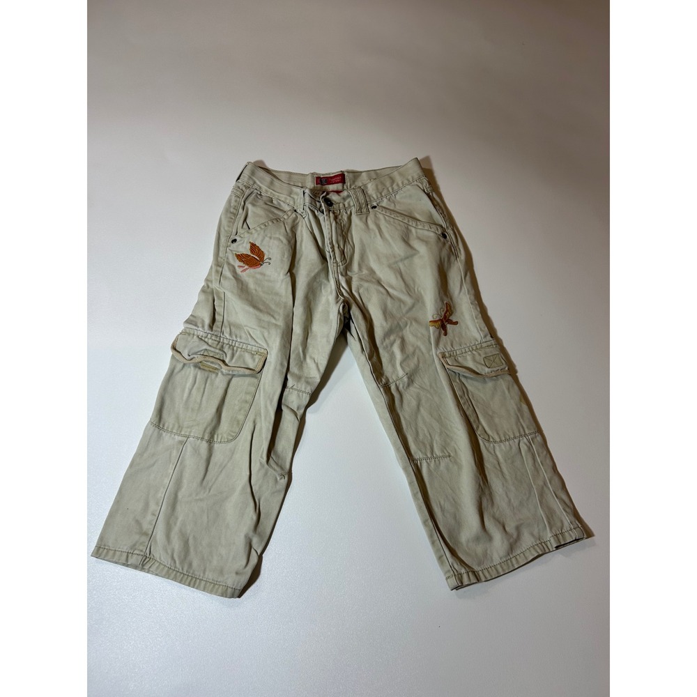 Faded Glory Cargo Pants Girls 14 Tan Butterfly Embroidered Cotton